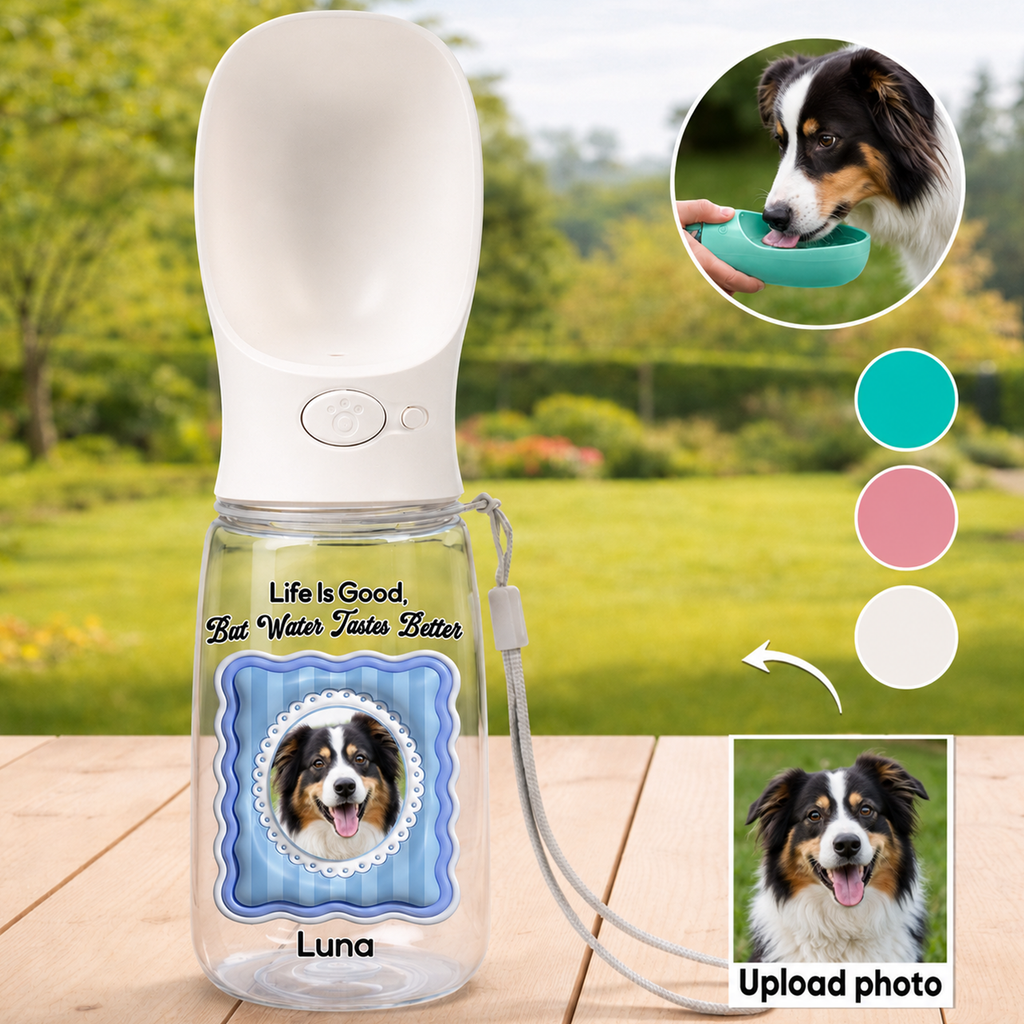 Personalized Dog Water Bottle with Drinking Feeder – Custom Pet Photo & Name Portable Travel Water Bottle for Dogs & Cats
