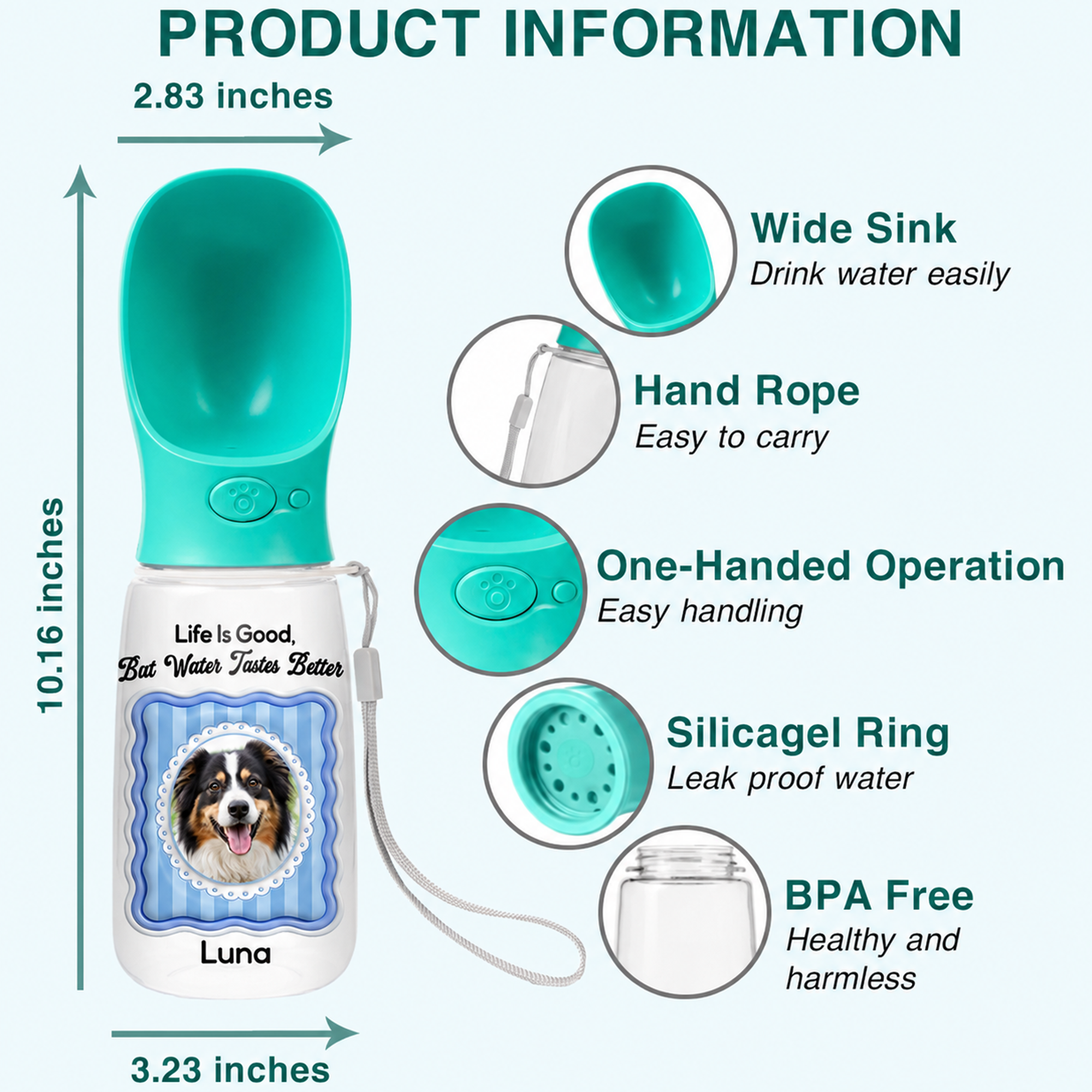 Personalized Dog Water Bottle with Drinking Feeder – Custom Pet Photo & Name Portable Travel Water Bottle for Dogs & Cats