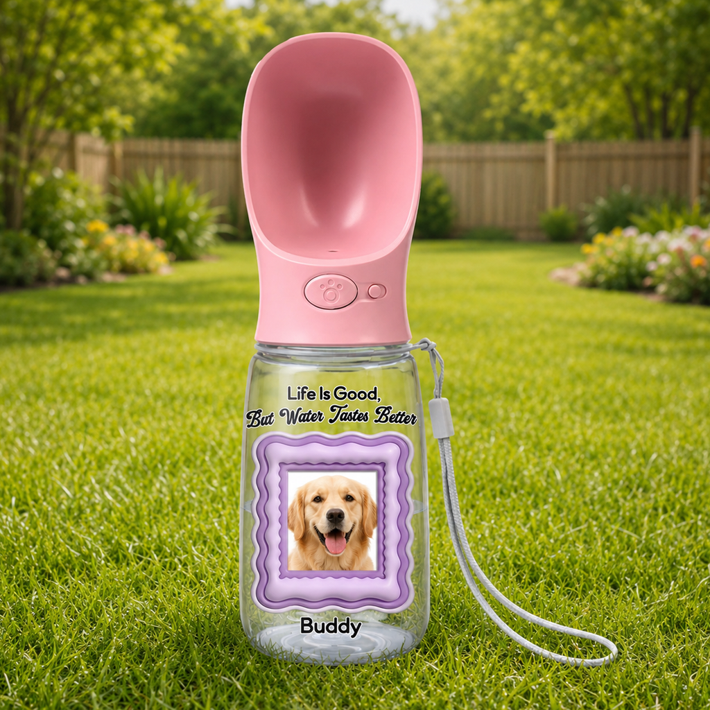 Personalized Dog Water Bottle with Drinking Feeder – Custom Pet Photo & Name Portable Travel Water Bottle for Dogs & Cats