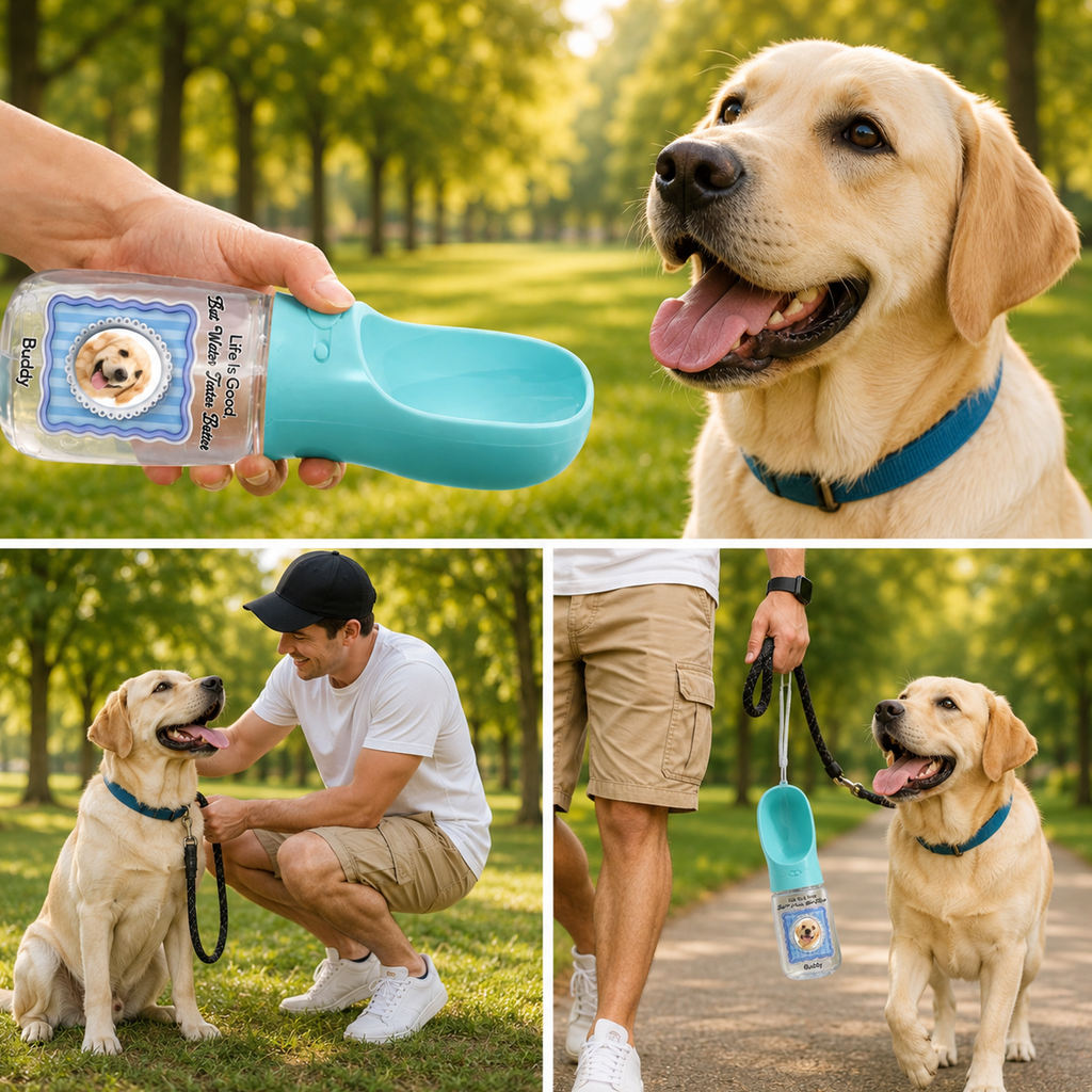 Personalized Dog Water Bottle with Drinking Feeder – Custom Pet Photo & Name Portable Travel Water Bottle for Dogs & Cats