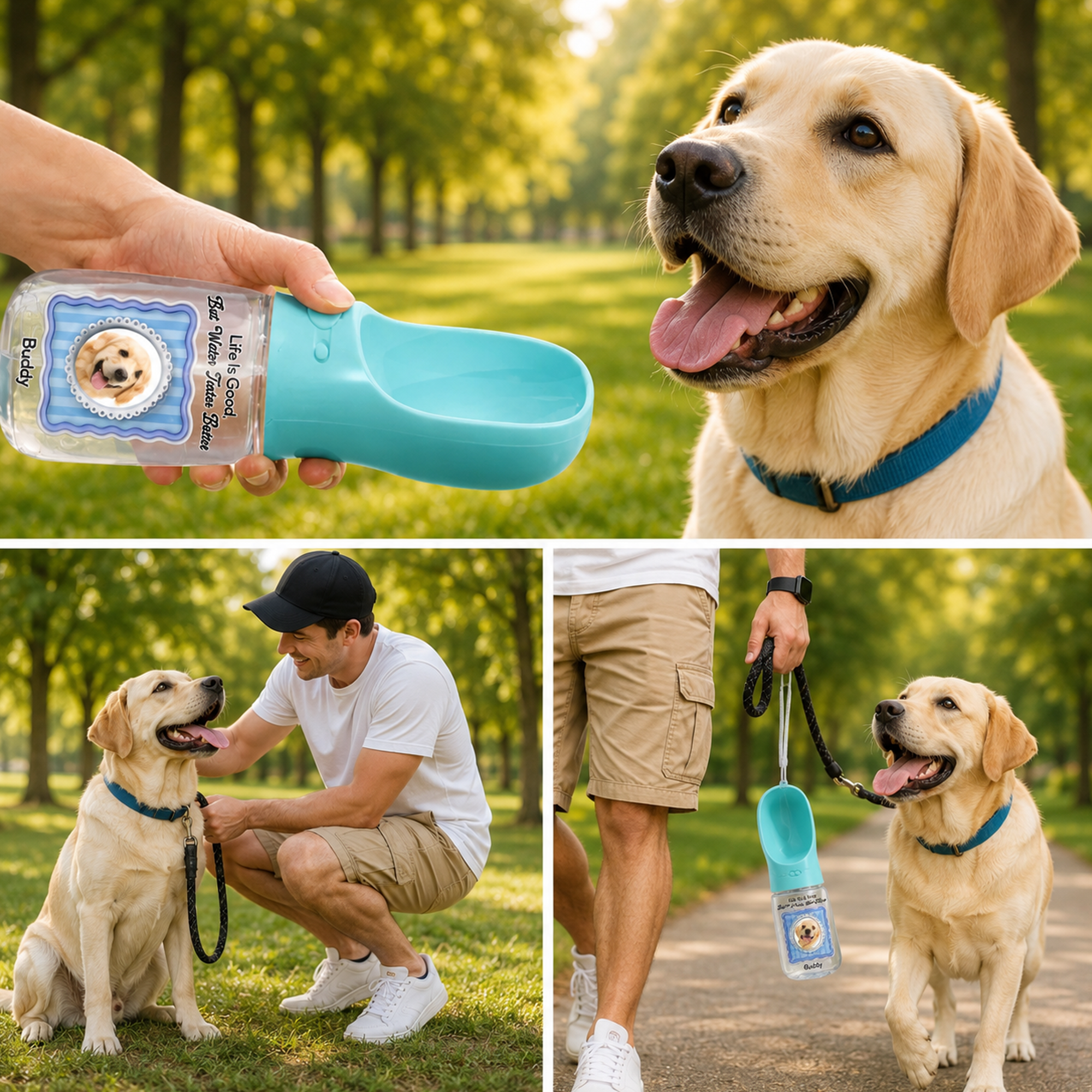 Personalized Dog Water Bottle with Drinking Feeder – Custom Pet Photo & Name Portable Travel Water Bottle for Dogs & Cats