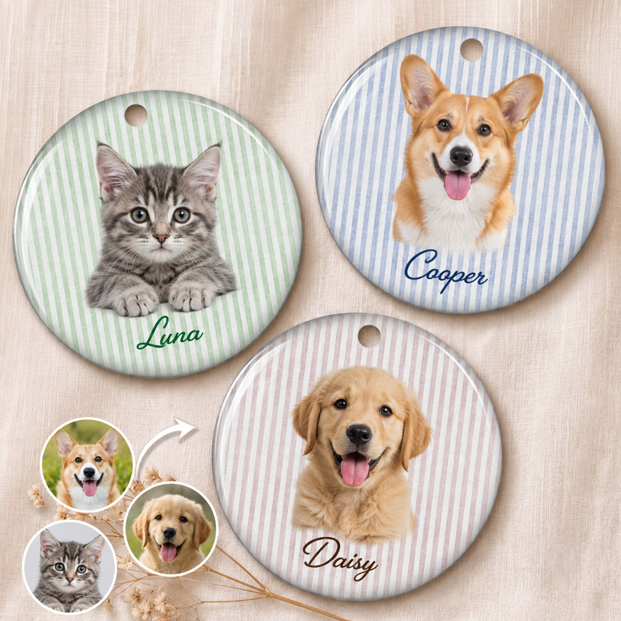 Personalized Pet Portrait Ceramic Ornament – Custom Dog & Cat Christmas Ornament with Name