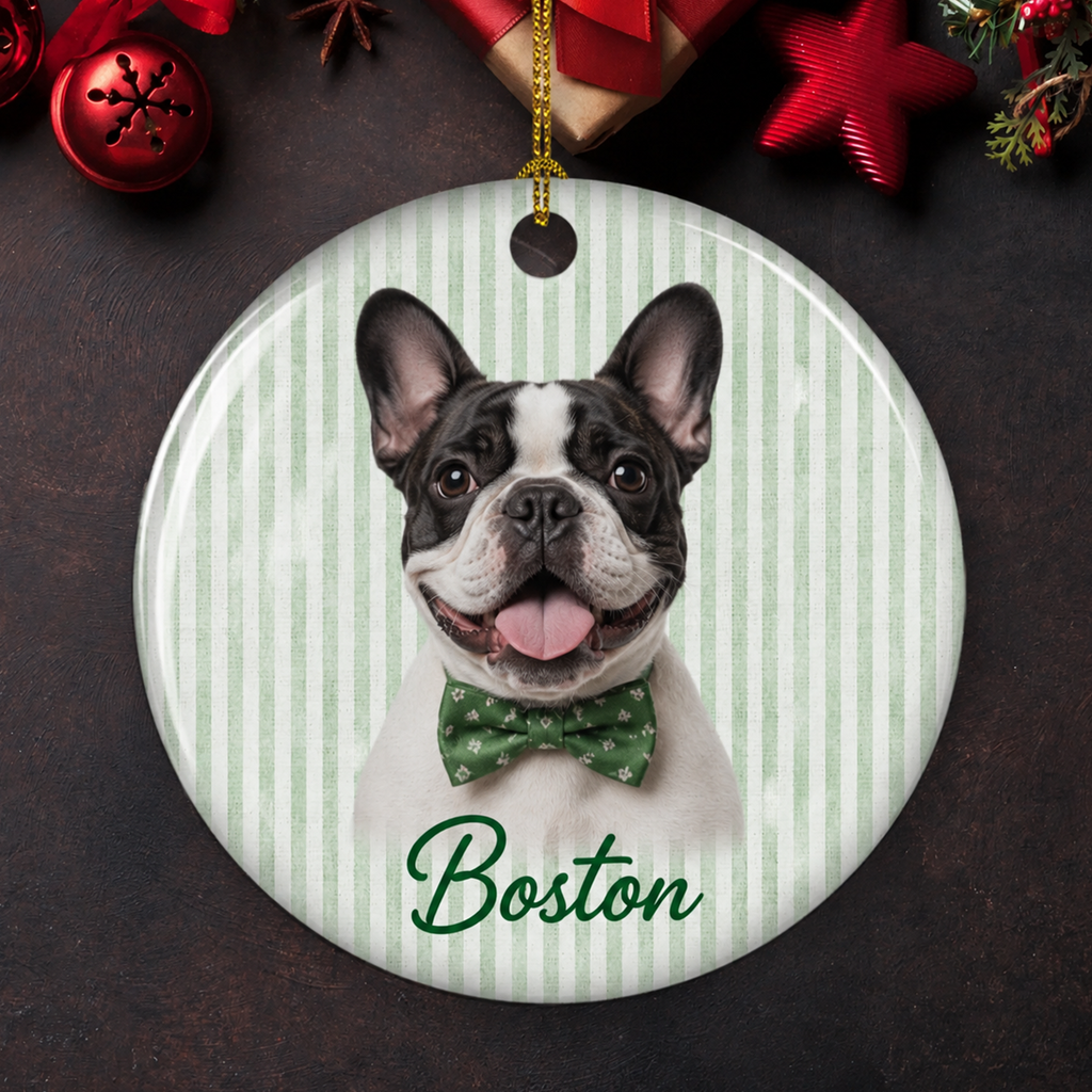 Personalized Pet Portrait Ceramic Ornament – Custom Dog & Cat Christmas Ornament with Name