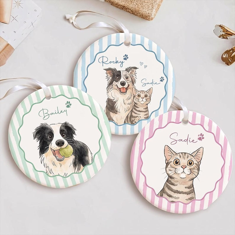 Custom Pet Portrait Ornament, Personalized Dog Cat Christmas Ornament, Wavy Scalloped Border Striped Dog Mom Gift, Ceramic Pet Keepsake