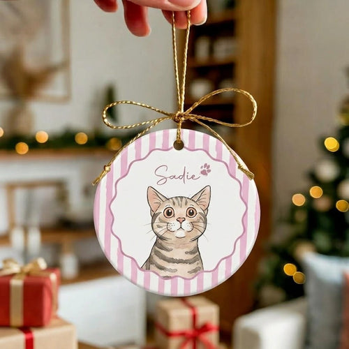 Custom Pet Portrait Ornament, Personalized Dog Cat Christmas Ornament, Wavy Scalloped Border Striped Dog Mom Gift, Ceramic Pet Keepsake