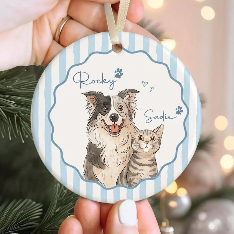 Custom Pet Portrait Ornament, Personalized Dog Cat Christmas Ornament, Wavy Scalloped Border Striped Dog Mom Gift, Ceramic Pet Keepsake