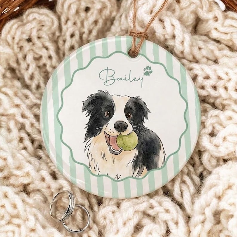 Custom Pet Portrait Ornament, Personalized Dog Cat Christmas Ornament, Wavy Scalloped Border Striped Dog Mom Gift, Ceramic Pet Keepsake