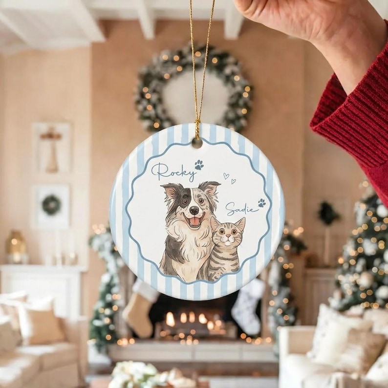 Custom Pet Portrait Ornament, Personalized Dog Cat Christmas Ornament, Wavy Scalloped Border Striped Dog Mom Gift, Ceramic Pet Keepsake