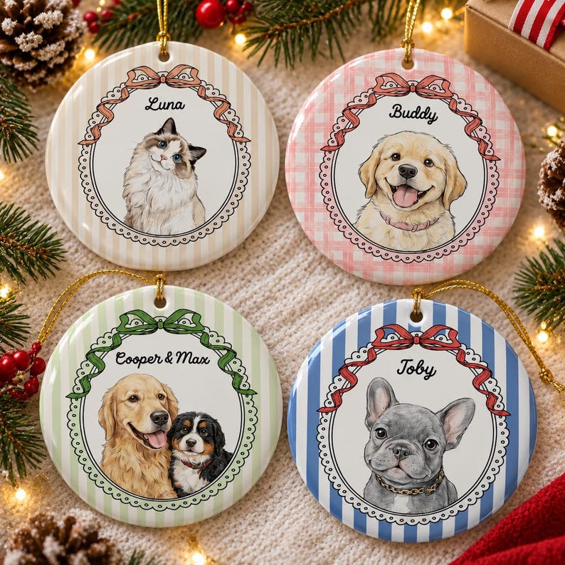 Custom Pet Portrait Ornament With Name: Cute Dog Cat Photo Striped Ornament, Pet Face Checkered Ornament, Pet Memorial Gift, Pet Owner Gift