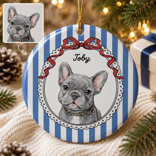 Custom Pet Portrait Ornament With Name: Cute Dog Cat Photo Striped Ornament, Pet Face Checkered Ornament, Pet Memorial Gift, Pet Owner Gift