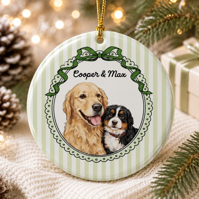 Custom Pet Portrait Ornament With Name: Cute Dog Cat Photo Striped Ornament, Pet Face Checkered Ornament, Pet Memorial Gift, Pet Owner Gift