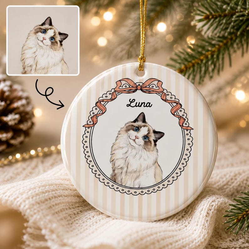Custom Pet Portrait Ornament With Name: Cute Dog Cat Photo Striped Ornament, Pet Face Checkered Ornament, Pet Memorial Gift, Pet Owner Gift
