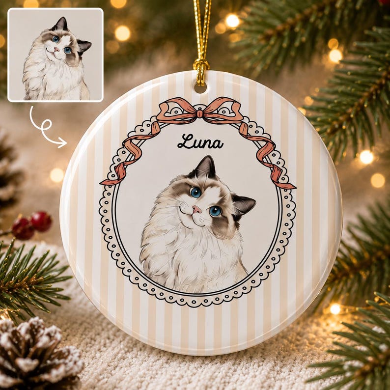 Custom Pet Portrait Ornament With Name: Cute Dog Cat Photo Striped Ornament, Pet Face Checkered Ornament, Pet Memorial Gift, Pet Owner Gift