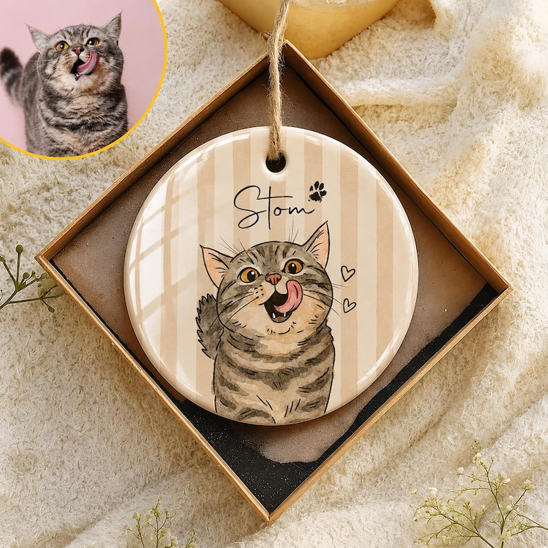 Personalized Pet Memorial Watercolor Ornament from Photo + Name – Striped Dog & Cat Ornament, Personalized Pet Remembrance Gift Loss