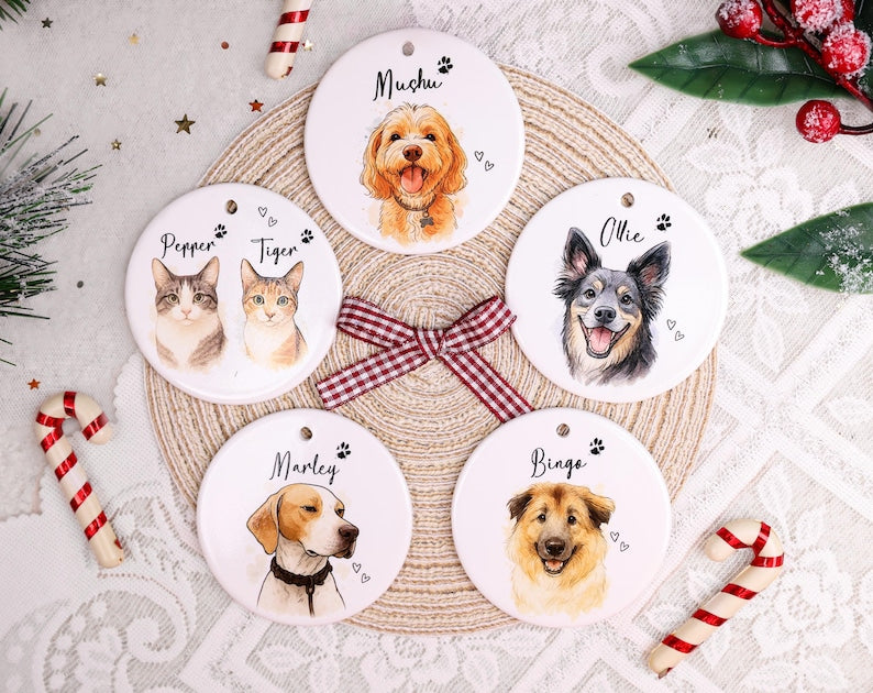 Personalized Pet Memorial Watercolor Ornament from Photo + Name – Striped Dog & Cat Ornament, Personalized Pet Remembrance Gift Loss