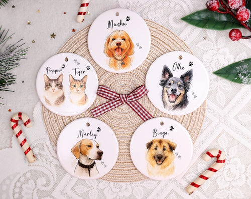 Personalized Pet Memorial Watercolor Ornament from Photo + Name – Striped Dog & Cat Ornament, Personalized Pet Remembrance Gift Loss